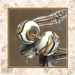 🍒 2PC BEADS BROWN GOLD GLITTER WHITE SWIRL BEAD DIY BOHO TROLL PANDORA STYLE